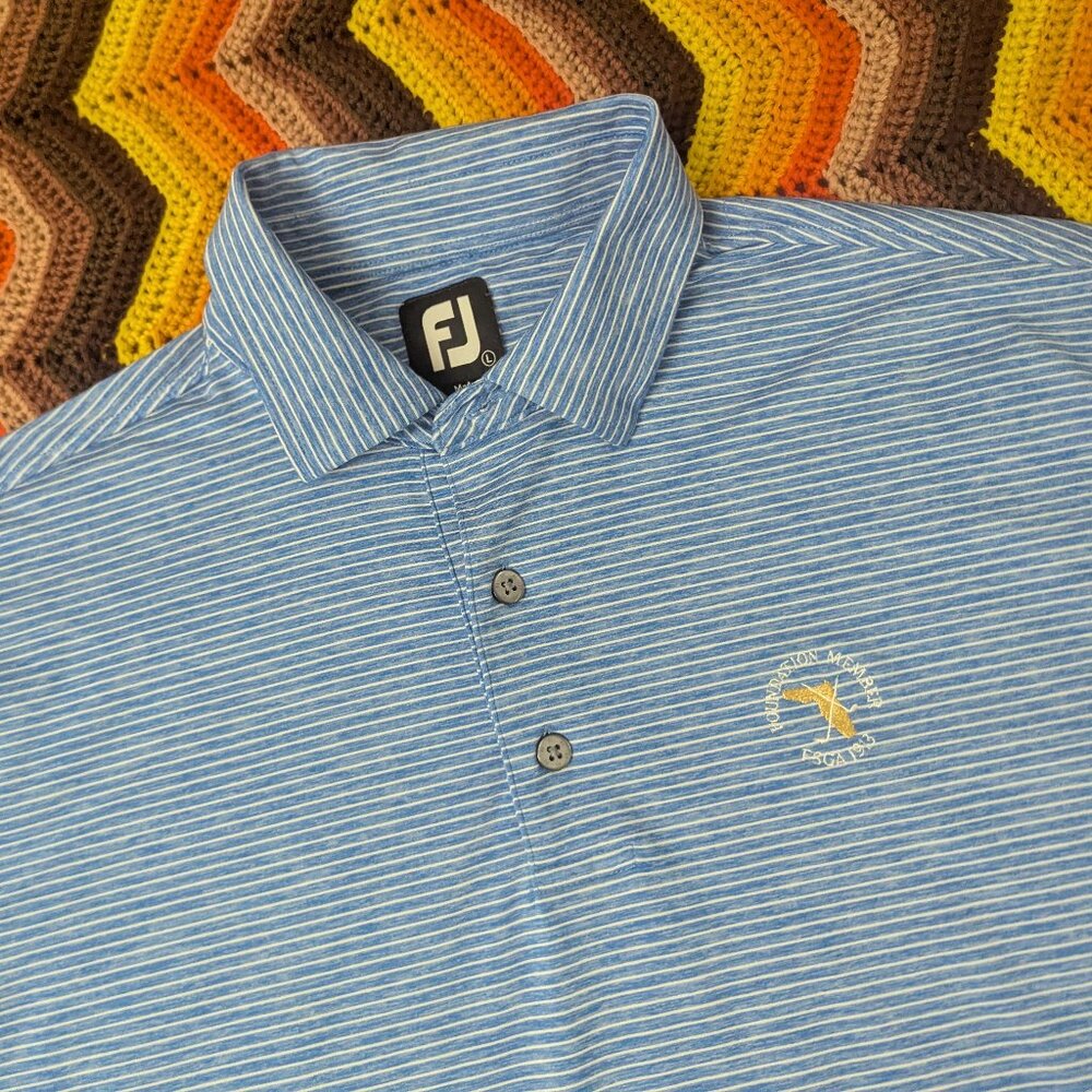 Large FootJoy FJ Golf Polo Shirt Mens Blue Striped FSGA Florida Golf Assoc h131